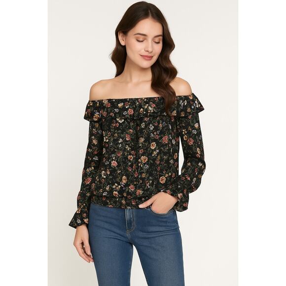 Olivaceous Tops - Oliveaceous Black Floral Off Shoulder Peasant Blouse Size M